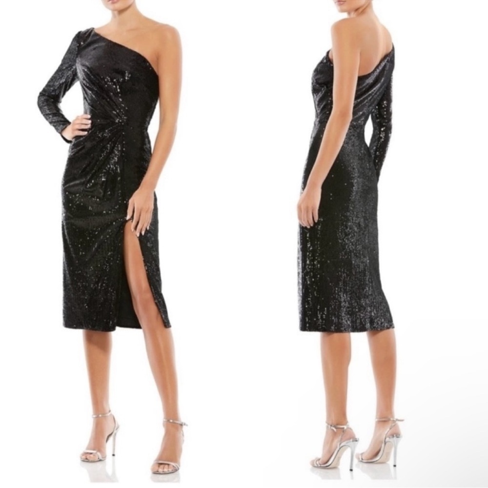 Mac Duggal Black Sequin One-Shoulder Midi Dress